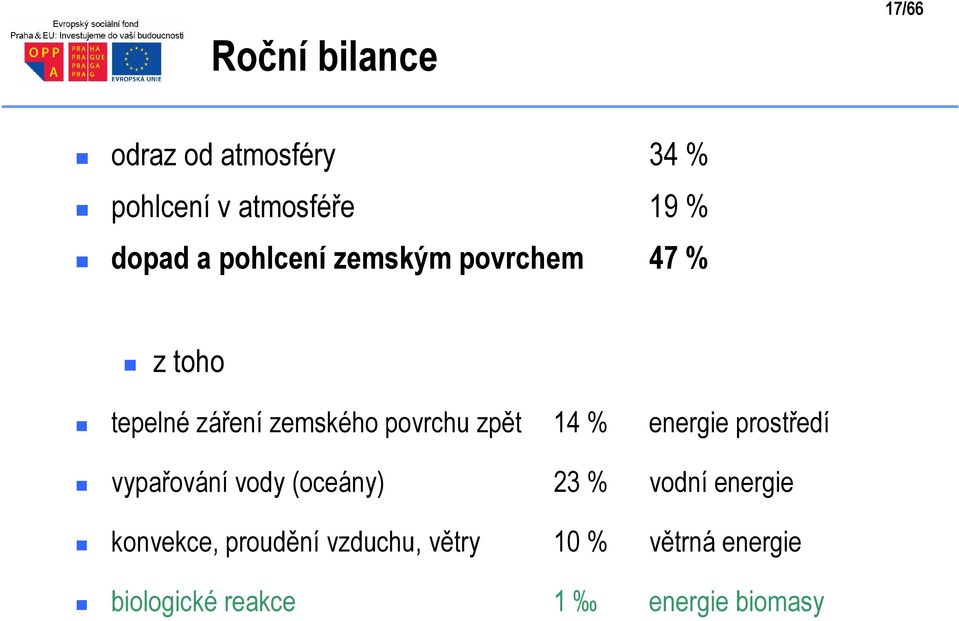 % energie prostředí vypařování vody (oceány) 23 % vodní energie konvekce,