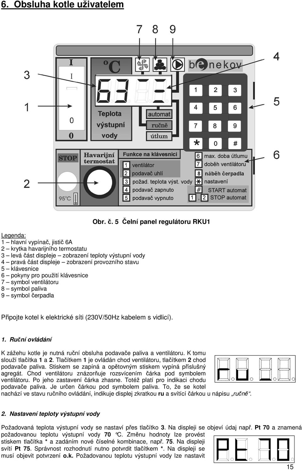 1. Ruční ovládání K zážehu kotle je nutná ruční obsluha podavače paliva a ventilátoru. K tomu slouží tlačítka 1 a 2. Tlačítkem 1 je ovládán chod ventilátoru, tlačítkem 2 chod podavače paliva.