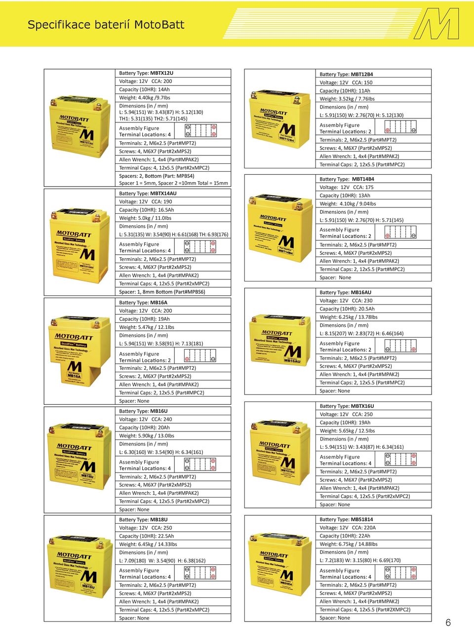 5Ah Weight: 5.0kg / 11.0Ibs L: 5.31(135) W: 3.54(90) H: 6.61(168) TH: 6.93(176) Terminals: 2, M6x2.5 (Part#MPT2) Screws: 4, M6X7 (Part#2xMPS2) Terminal Caps: 4, 12x5.