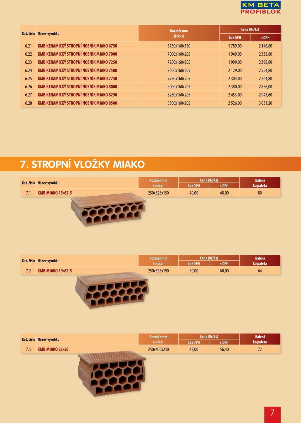 25 KMB KERAMICKÝ STROPNÍ NOSNÍK MIAKO 7750 7750x160x205 2 304,00 2 764,80 6.26 KMB KERAMICKÝ STROPNÍ NOSNÍK MIAKO 8000 8000x160x205 2 380,00 2 856,00 6.