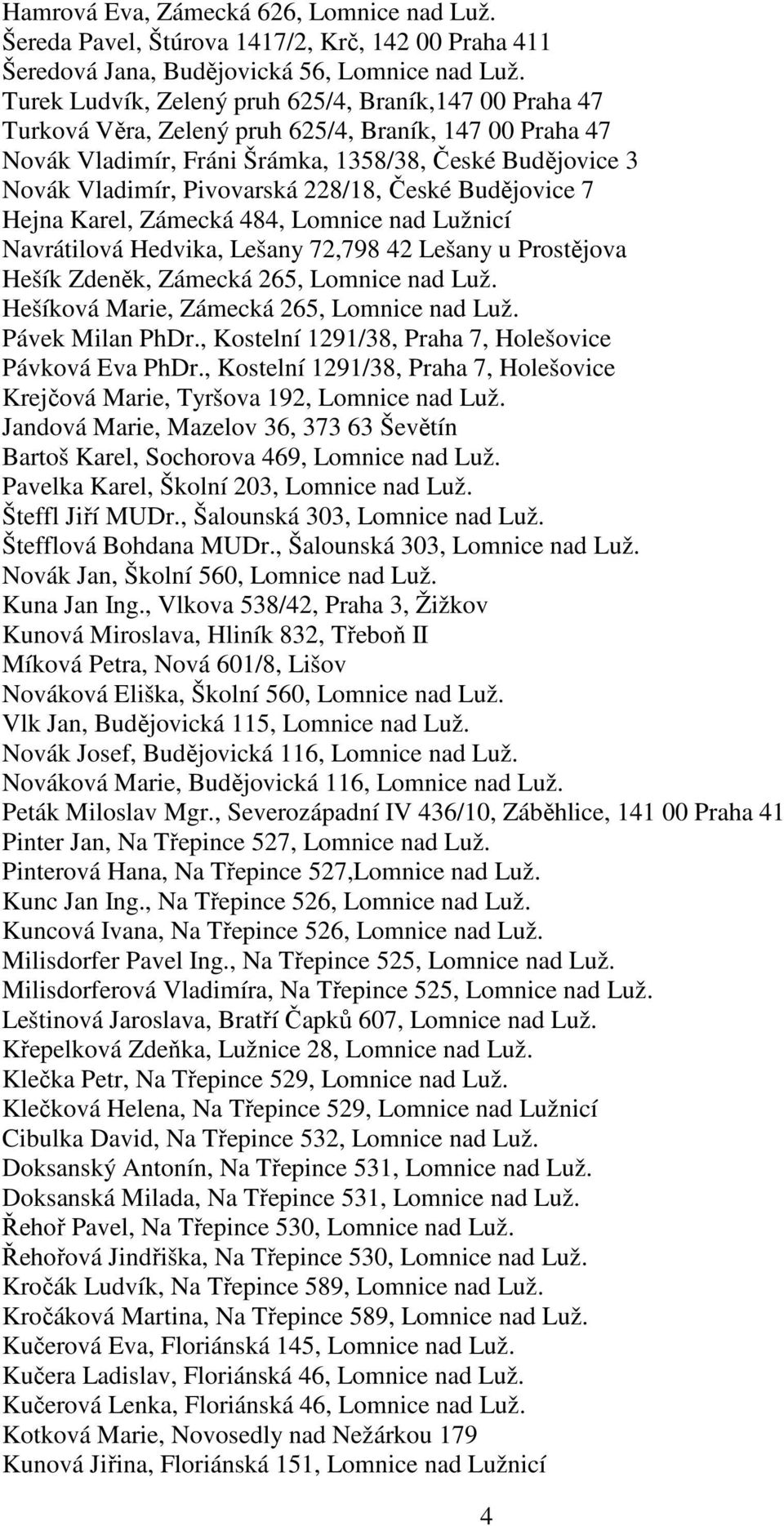 228/18, České Budějovice 7 Hejna Karel, Zámecká 484, Lomnice nad Lužnicí Navrátilová Hedvika, Lešany 72,798 42 Lešany u Prostějova Hešík Zdeněk, Zámecká 265, Lomnice nad Luž.