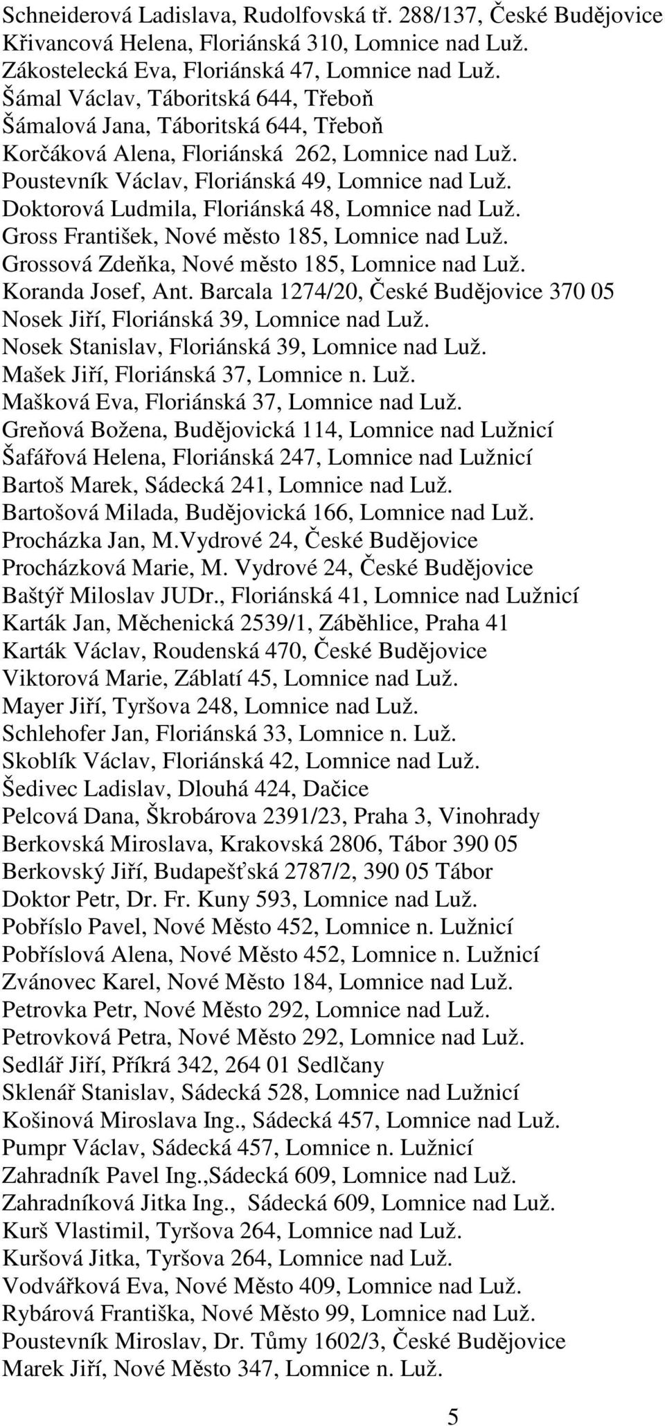 Doktorová Ludmila, Floriánská 48, Lomnice nad Luž. Gross František, Nové město 185, Lomnice nad Luž. Grossová Zdeňka, Nové město 185, Lomnice nad Luž. Koranda Josef, Ant.