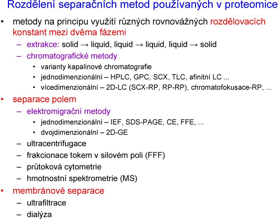 .. vícedimenzionální 2DLC (SCXRP, RPRP), chromatofokusacerp,... separace polem elektromigrační metody jednodimenzionální IEF, SDSPAGE, CE, FFE,.