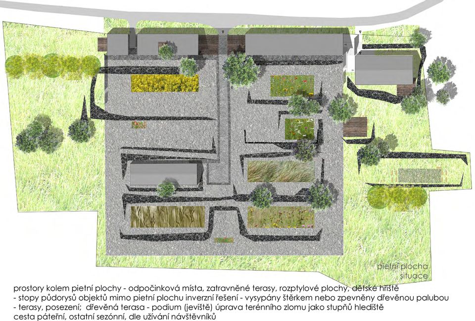 vysypány štěrkem nebo zpevněny dřevěnou palubou - terasy, posezení; dřevěná terasa - podium