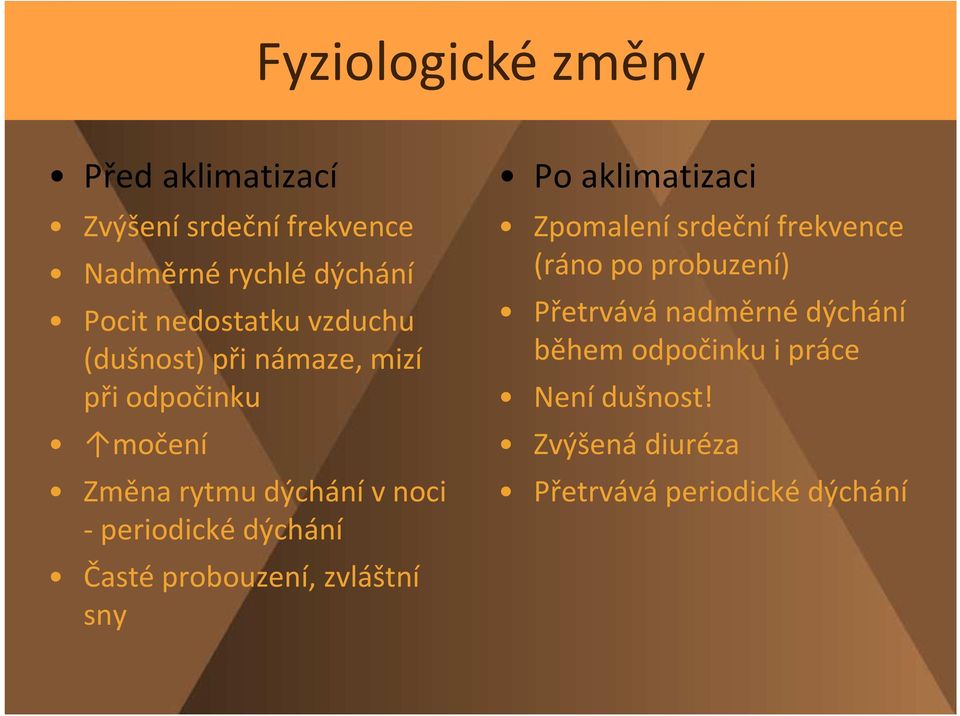 periodické dýchání Časté probouzení, zvláštní sny Po aklimatizaci Zpomalení srdeční frekvence (ráno po