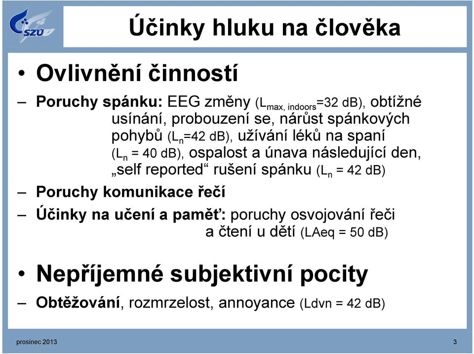 následující den, self reported rušení spánku (L n = 42 db) Poruchy komunikace řečí Účinky na učení a paměť: poruchy