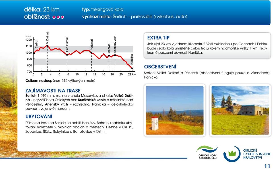 Vaší rozhlednou po Čechách i Polsku bude sedlo kola umístěné celou trasu kolem nadmořské výšky 1 km. Tedy kromě podzemí pevnosti Hanička.