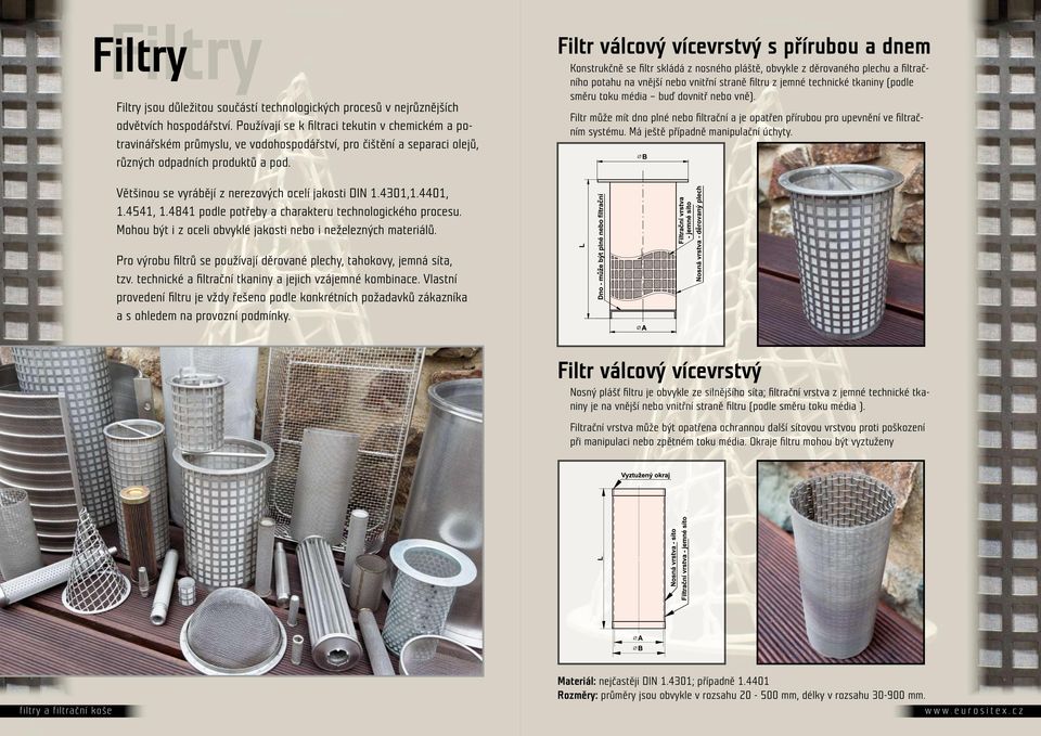 Filtr válcový vícevrstvý s přírubou a dnem Konstrukčně se filtr skládá z nosného pláště, obvykle z děrovaného plechu a filtračního potahu na vnější nebo vnitřní straně filtru z jemné technické