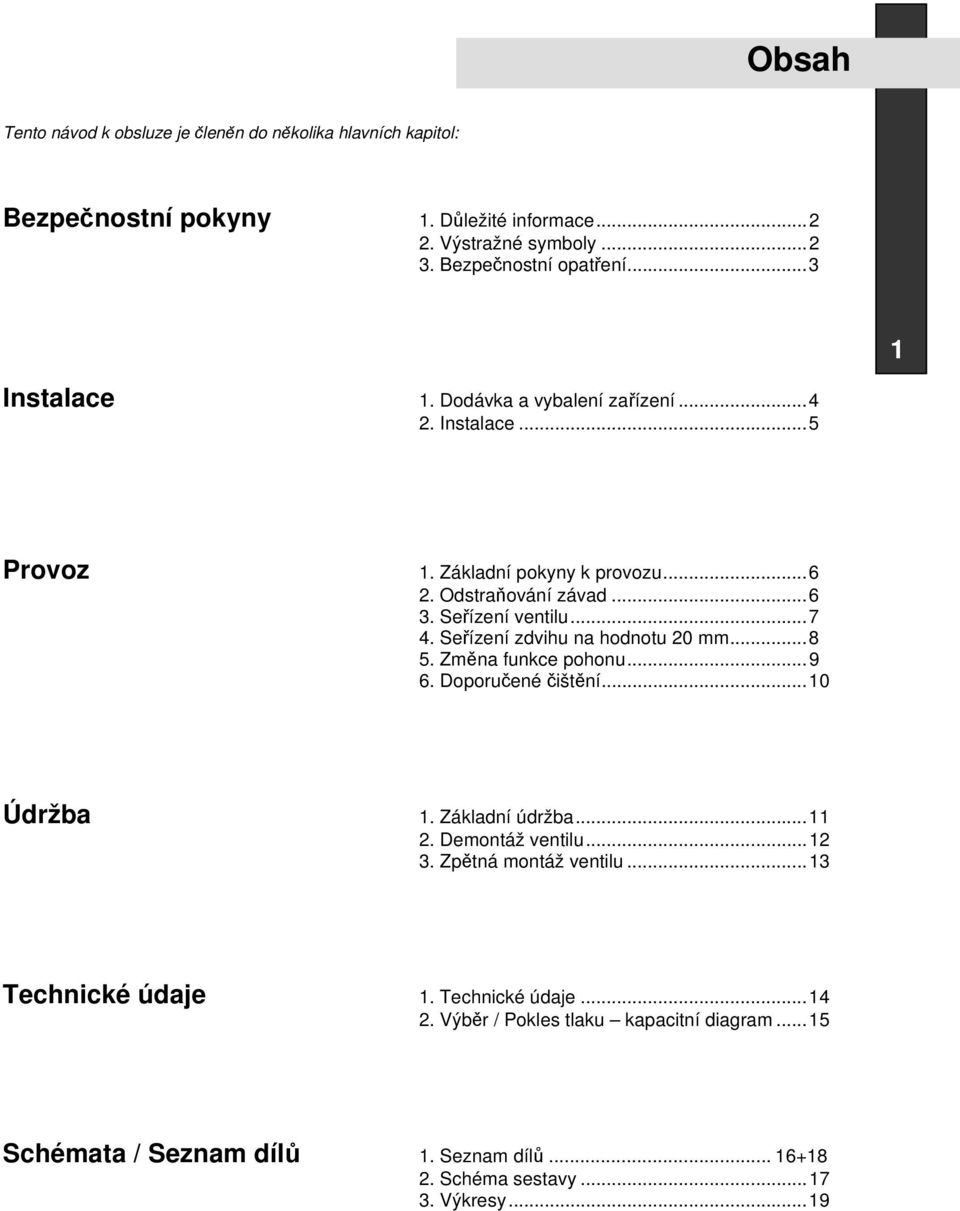 Seřízení zdvihu na hodnotu 20 mm...8 5. Změna funkce pohonu...9 6. Doporučené čištění...10 Údržba 1. Základní údržba...11 2. Demontáž ventilu...12 3.