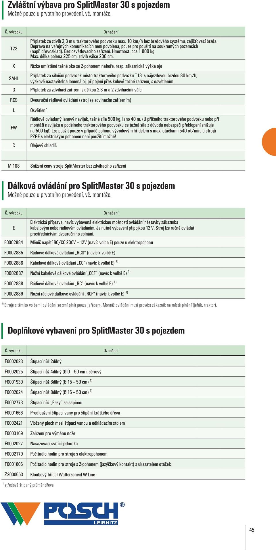 Hmotnost: cca 1 800 kg Max. délka polena 225 cm, zdvih válce 230 cm. Nízko umístěné tažné oko se Z-pohonem nahoře, resp.