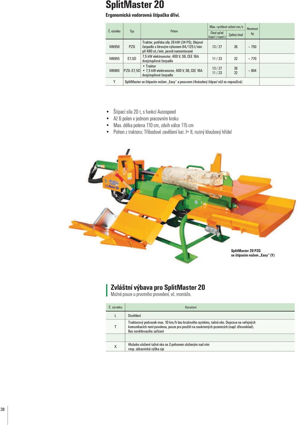 rychlost ražení cm/s Chod vpřed Stupeň 1/stupeň 2 Zpětný chod Hmotnost kg 13 / 27 26 ~ 750 11 / 23 22 ~ 770 13 / 27 11 / 23 SplitMaster se štípacím nožem Easy a posuvem (4násobný štípací nůž se