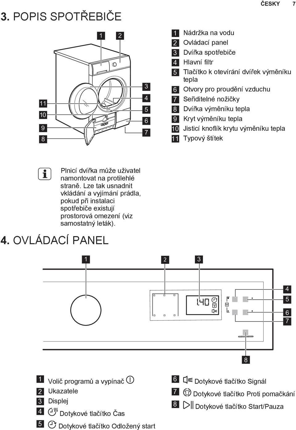 protilehlé straně. Lze tak usnadnit vkládání a vyjímání prádla, pokud při instalaci spotřebiče existují prostorová omezení (viz samostatný leták). 4.