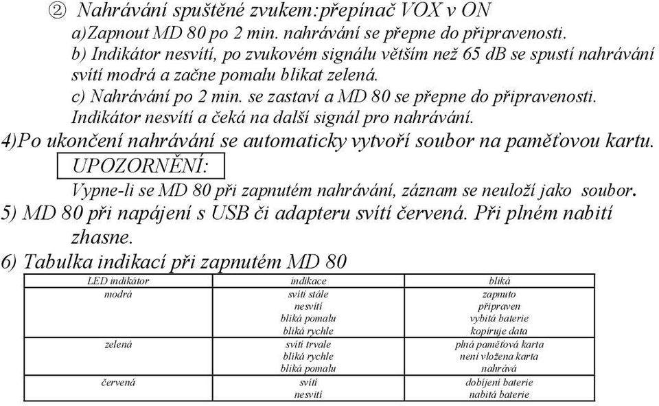 Indikátor nesvítí a čeká na další signál pro nahrávání. 4)Po ukončení nahrávání se automaticky vytvoří soubor na paměťovou kartu.