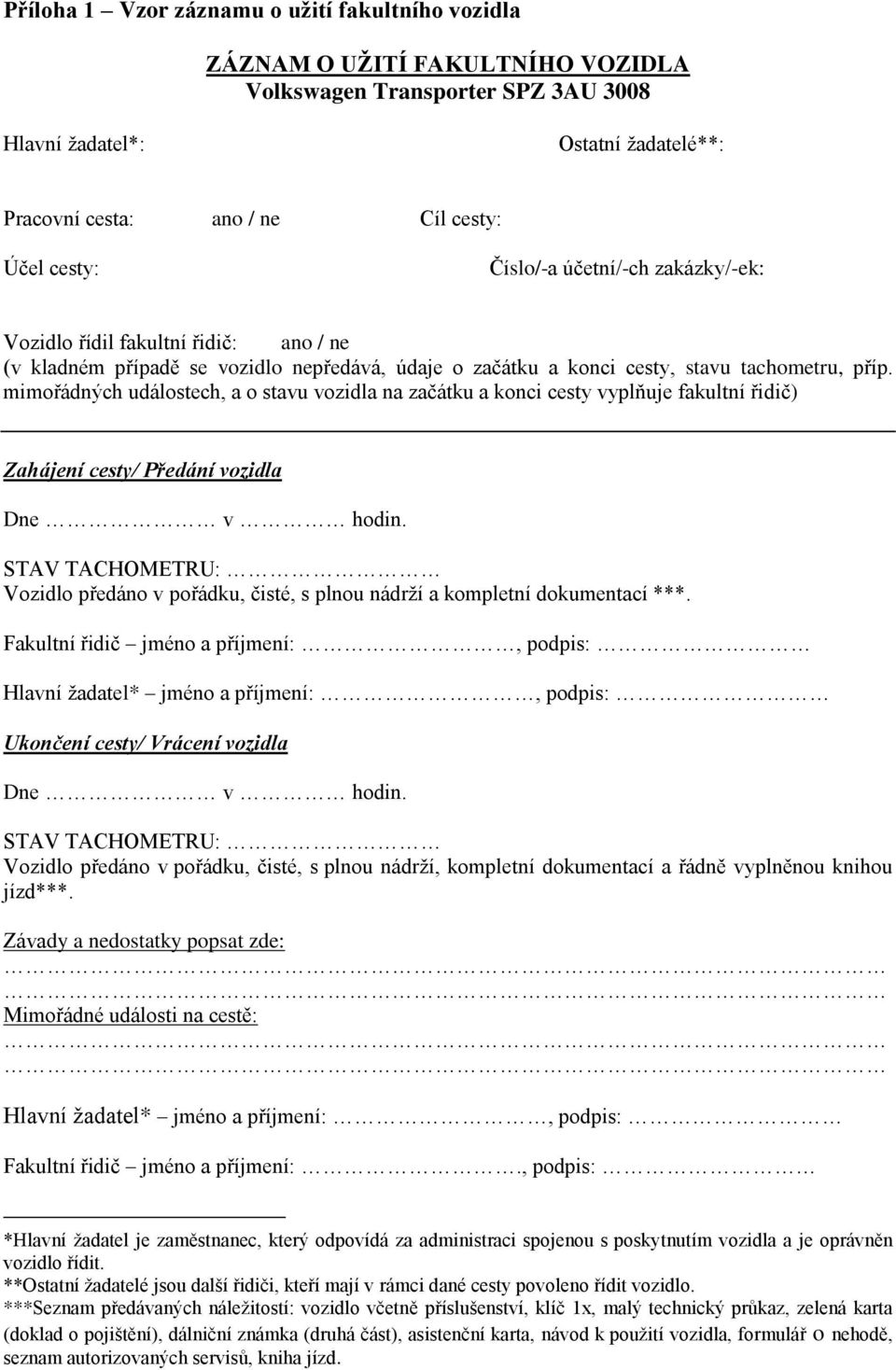 mimořádných událostech, a o stavu vozidla na začátku a konci cesty vyplňuje fakultní řidič) Zahájení cesty/ Předání vozidla Dne v hodin.