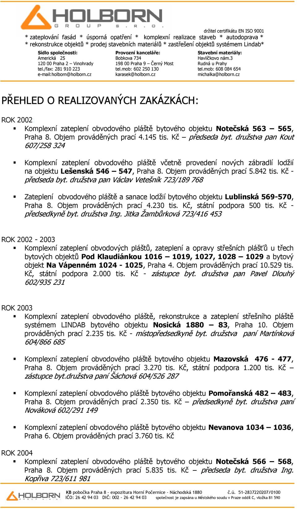 družstva pan Václav Vetešník 723/189 768 Zateplení obvodového pláště a sanace lodžií bytového objektu Lublinská 569-570, Praha 8. Objem prováděných prací 4.230 tis. Kč, státní podpora 500 tis.