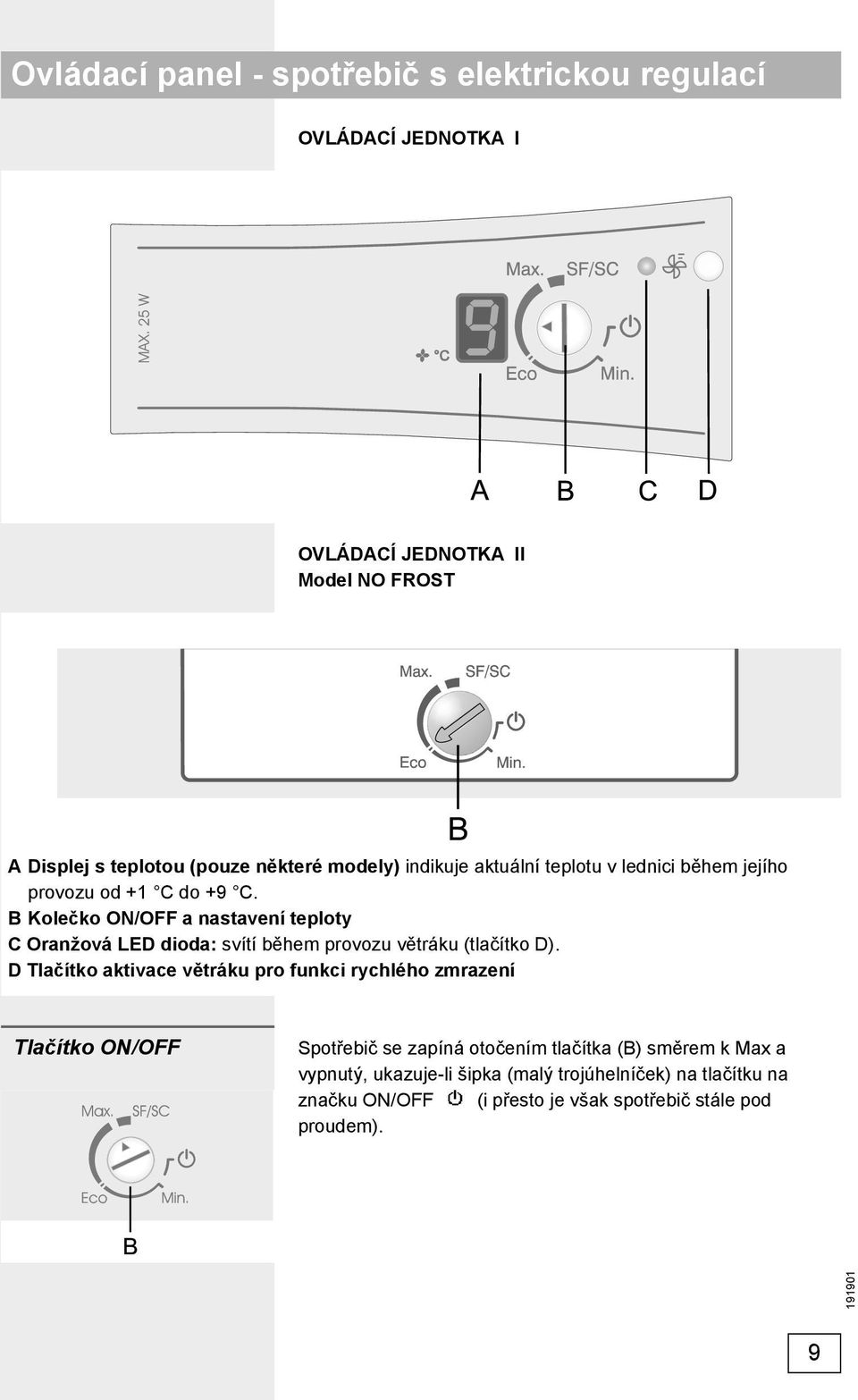 B Kolečko ON/OFF a nastavení teploty C Oranžová LED dioda: svítí během provozu větráku (tlačítko D).