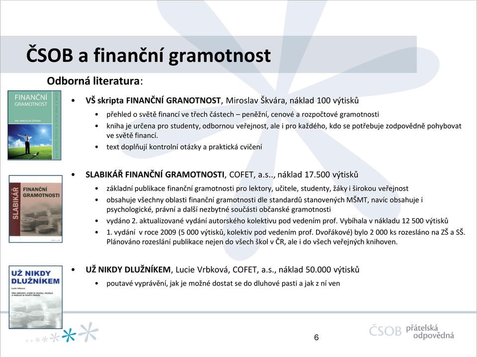 text doplňují kontrolní otázky a praktická cvičení SLABIKÁŘ FINANČNÍ GRAMOTNOSTI, COFET, a.s.., náklad 17.