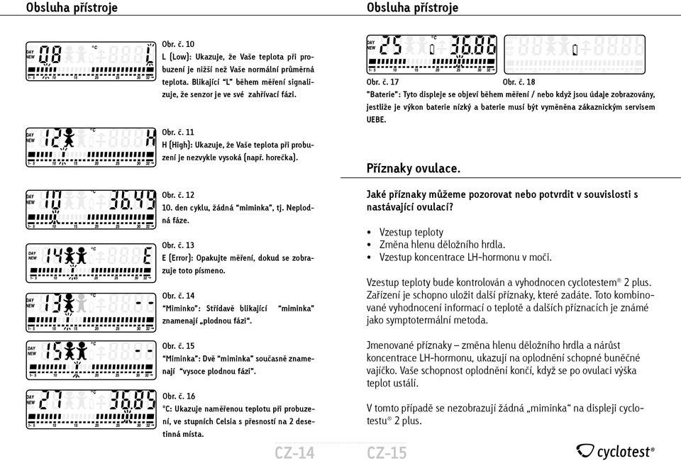 den cyklu, žádná miminka, tj. Neplodná fáze. Obr. č. E (Error): Opakujte měření, dokud se zobrazuje toto písmeno. Obr. č. 14 Miminko : Střídavě blikající miminka znamenají plodnou fázi. Obr. č. 15 Miminka : Dvě miminka současně znamenají vysoce plodnou fázi.