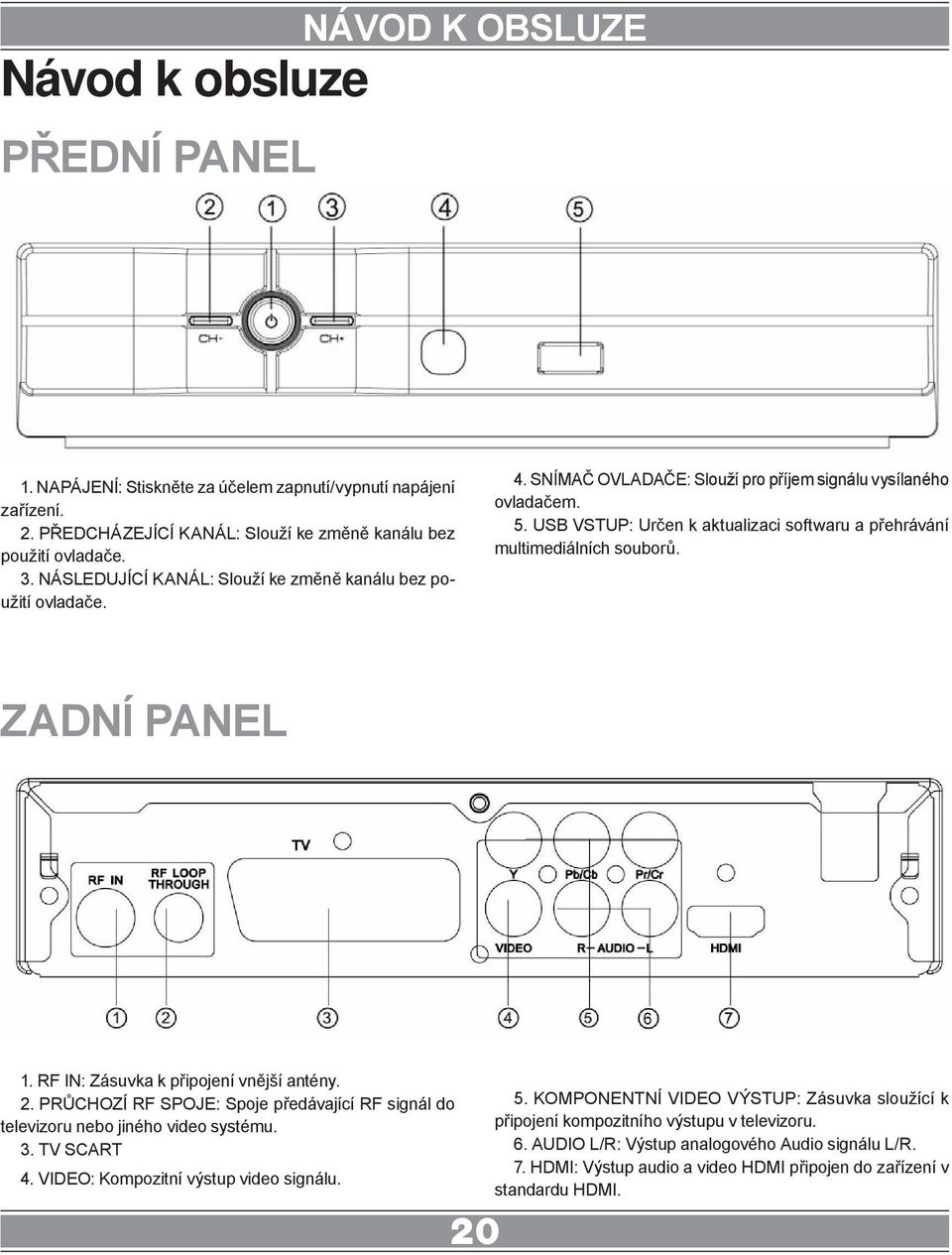 USB VSTUP: Určen k aktualizaci softwaru a přehrávání multimediálních souborů. ZADNÍ PANEL 1. RF IN: Zásuvka k připojení vnější antény. 2.
