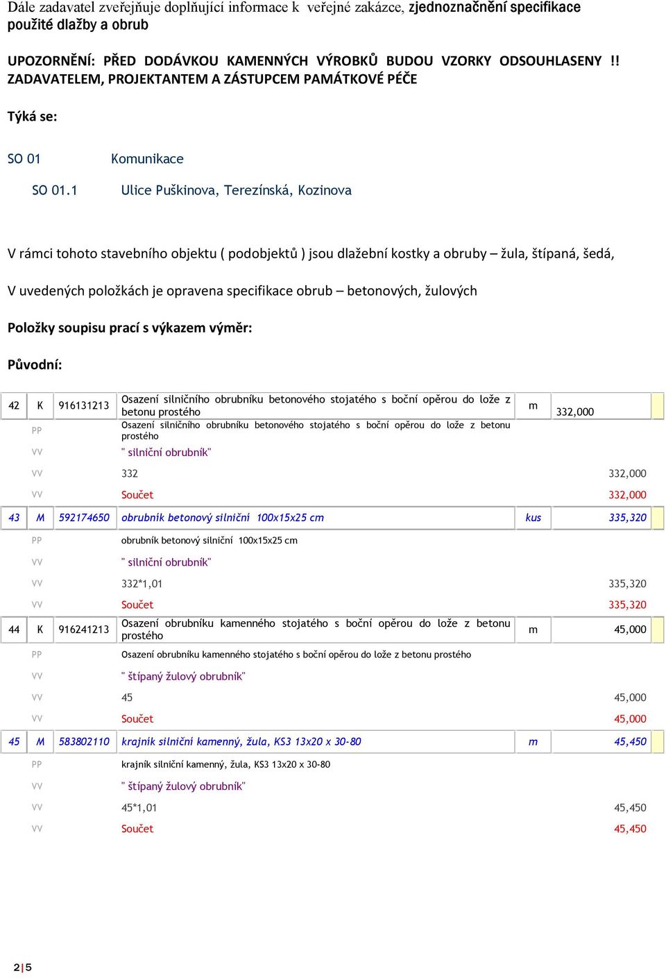 1 Komunikace Ulice uškinova, Terezínská, Kozinova V rámci tohoto stavebního objektu ( podobjektů ) jsou dlažební kostky a obruby žula, štípaná, šedá, V uvedených položkách je opravena specifikace