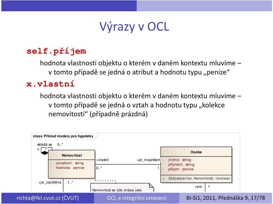 Příklad modelu pro hypotéky skládá se z 1 Nemov itost - označení: string - hodnota: penize +vlastní +je_majetkem 1 - jméno: string - příjmení: string - příjem: