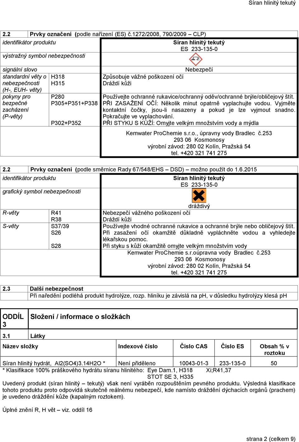 zacházení (P-věty) H318 H315 P280 P305+P351+P338 P302+P352 Způsobuje vážné poškození očí Nebezpečí Používejte ochranné rukavice/ochranný oděv/ochranné brýle/obličejový štít.