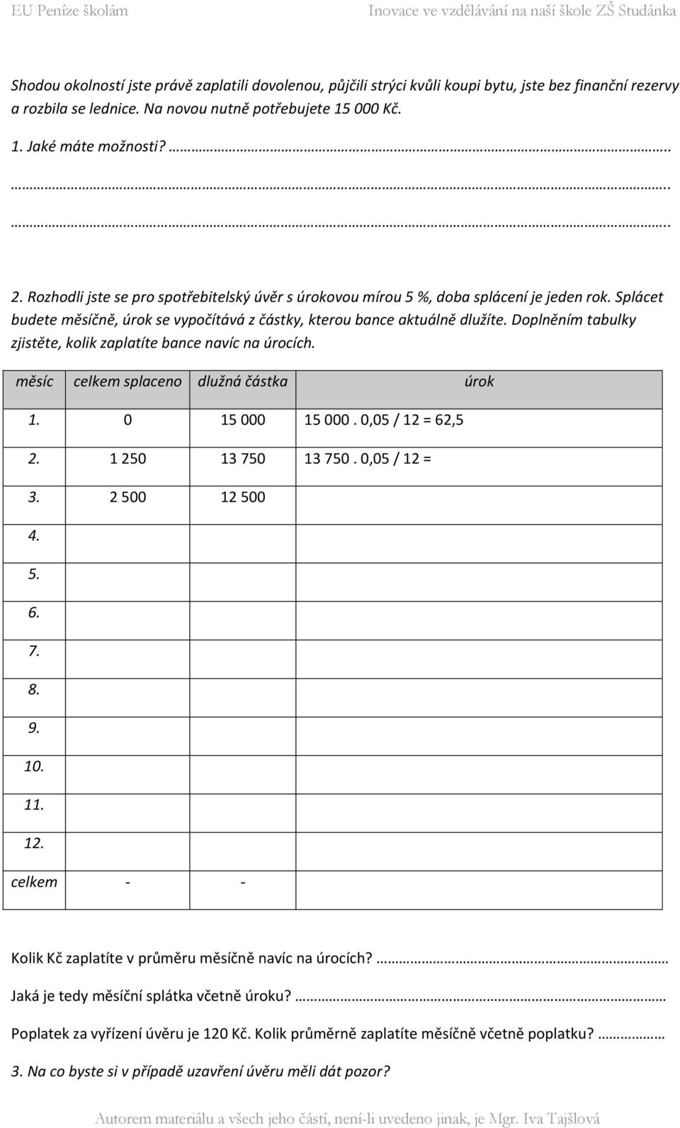 Doplněním tabulky zjistěte, kolik zaplatíte bance navíc na úrocích. měsíc celkem splaceno dlužná částka úrok 1. 0 15 000 15 000. 0,05 / 12 = 62,5 2. 1 250 13 750 13 750. 0,05 / 12 = 3. 2 500 12 500 4.