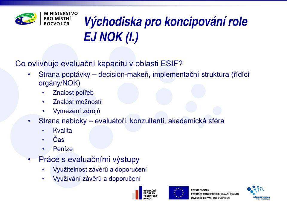 Znalost možností Vymezení zdrojů Strana nabídky evaluátoři, konzultanti, akademická sféra