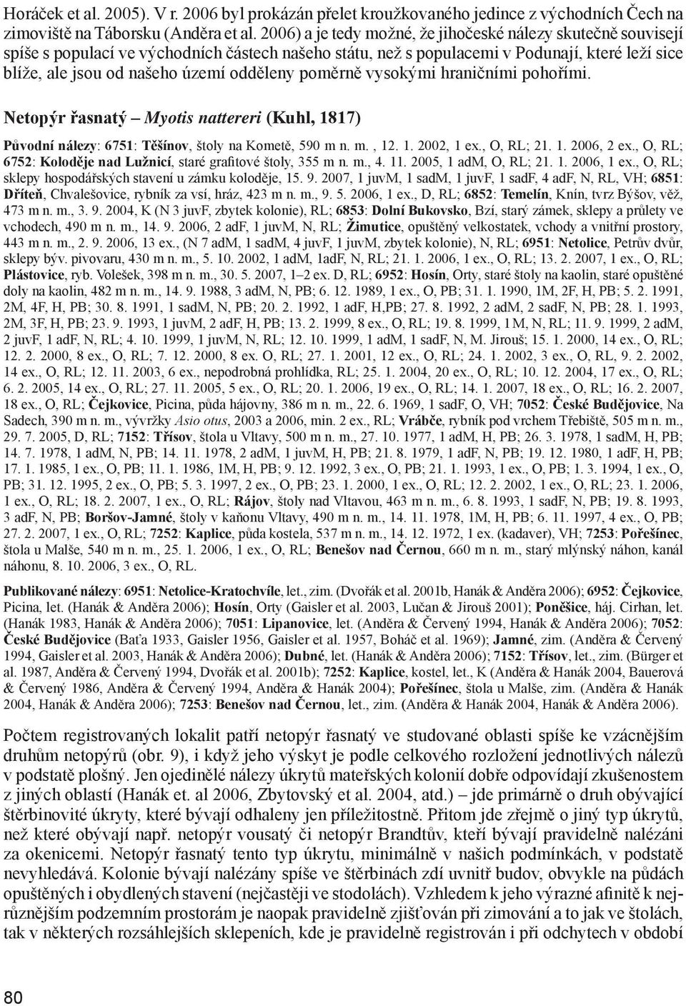 odděleny poměrně vysokými hraničními pohořími. Netopýr řasnatý Myotis nattereri (Kuhl, 1817) Původní nálezy: 6751: Těšínov, štoly na Kometě, 590 m n. m., 12. 1. 2002, 1 ex., O, RL; 21. 1. 2006, 2 ex.