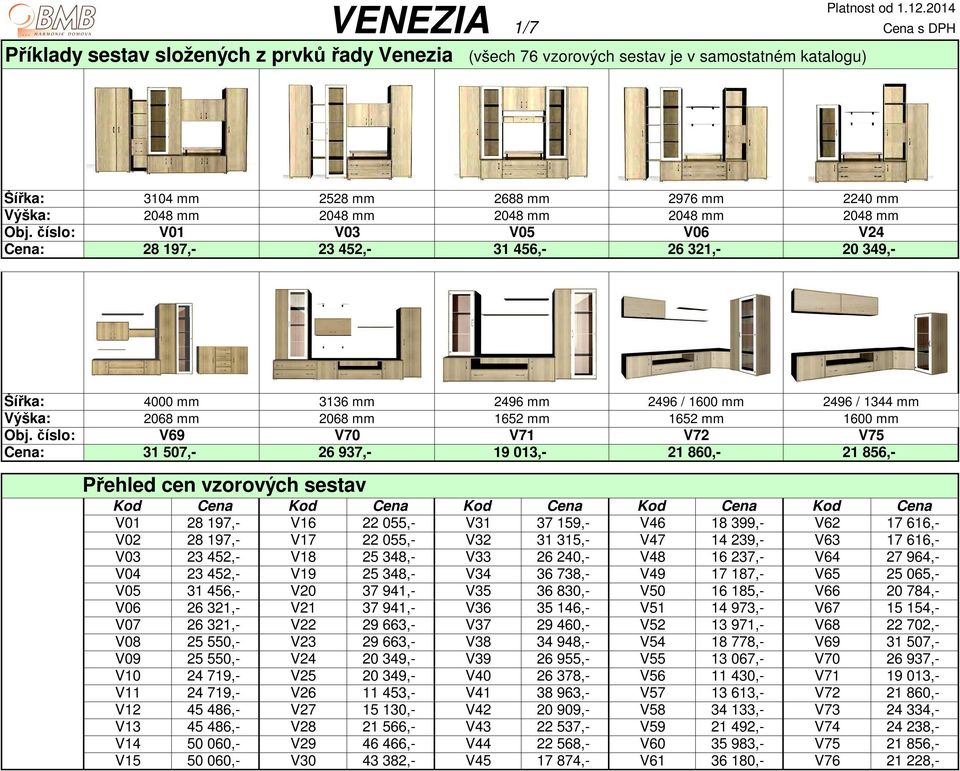 číslo: Cena: 4000 mm 3136 mm 2496 mm 2496 / 1600 mm 2496 / 1344 mm 2068 mm 2068 mm 1652 mm 1652 mm 1600 mm V69 V70 V71 V72 V75 31 507,- 26 937,- 19 013,- 21 860,- 21 856,- Přehled cen vzorových