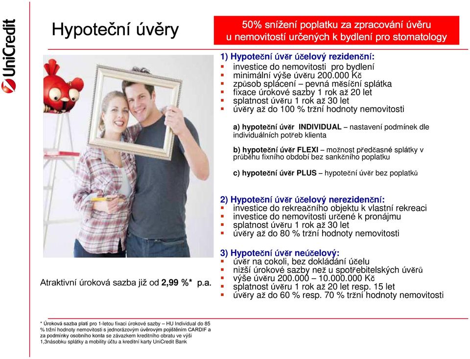 000 Kč způsob splácení pevná měsíční splátka fixace úrokové sazby 1 rok až 20 let splatnost úvěru 1 rok až 30 let úvěry až do 100 % tržní hodnoty nemovitosti a) hypoteční úvěr INDIVIDUAL nastavení