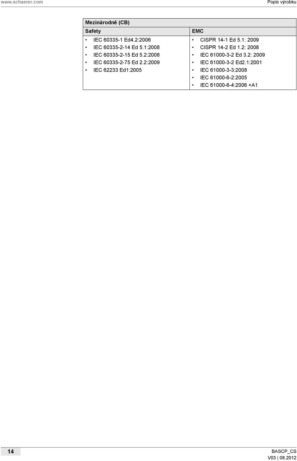 2:2009 IEC 62233 Ed1:2005 EMC CISPR 14-1 Ed 5.1: 2009 CISPR 14-2 Ed 1.