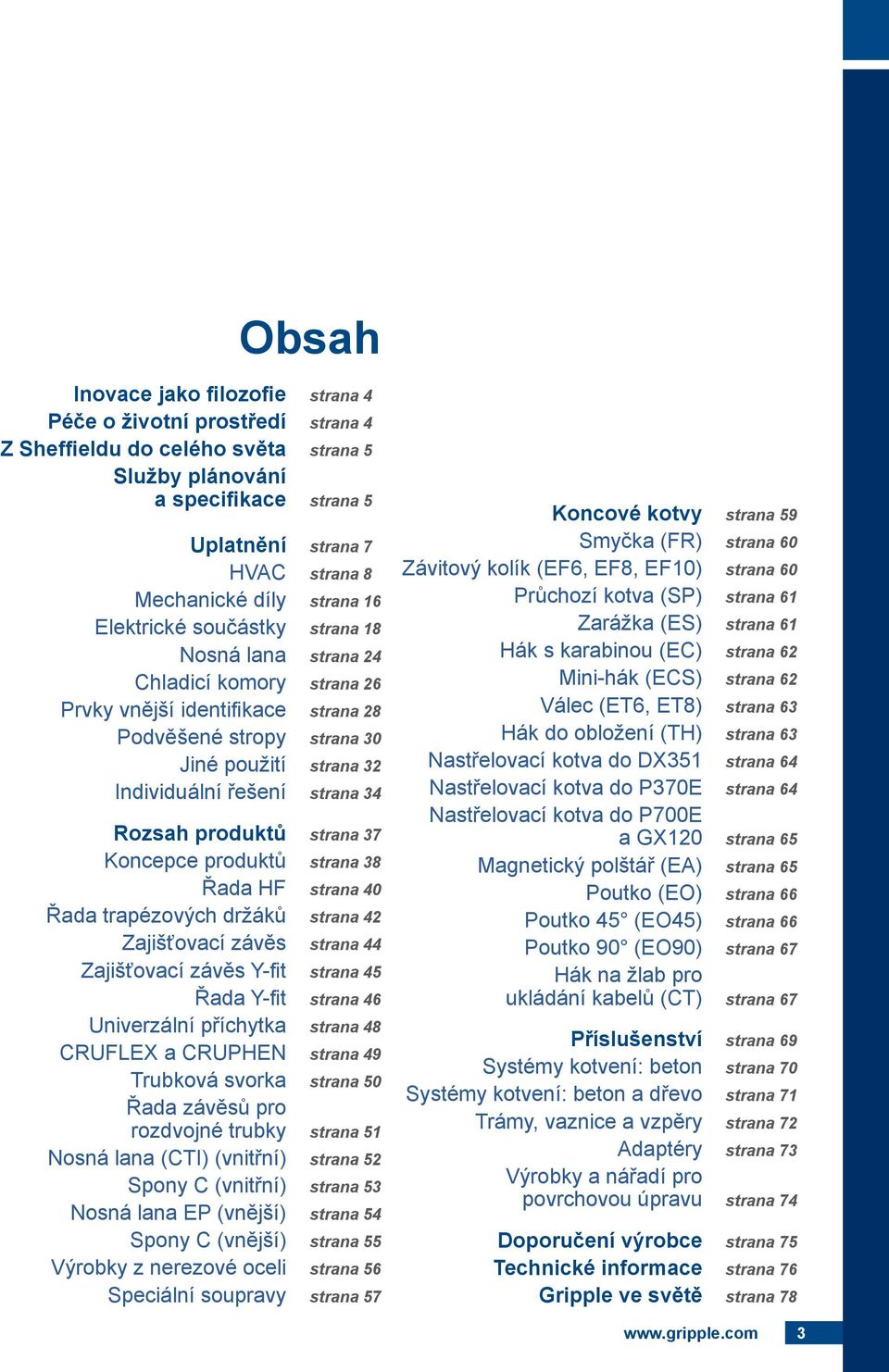 34 Rozsah produktů strana 37 Koncepce produktů strana 38 Řada HF strana 40 Řada trapézových držáků strana 42 Zajišťovací závěs strana 44 Zajišťovací závěs Y-fit strana 45 Řada Y-fit strana 46