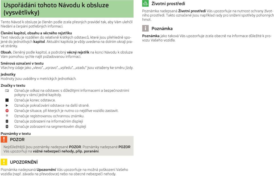 Aktuální kapitola je vždy uvedena na dolním okraji pravé stránky. Životní prostředí nadepsaná Životní prostředí Vás upozorňuje na nutnost ochrany životního prostředí.