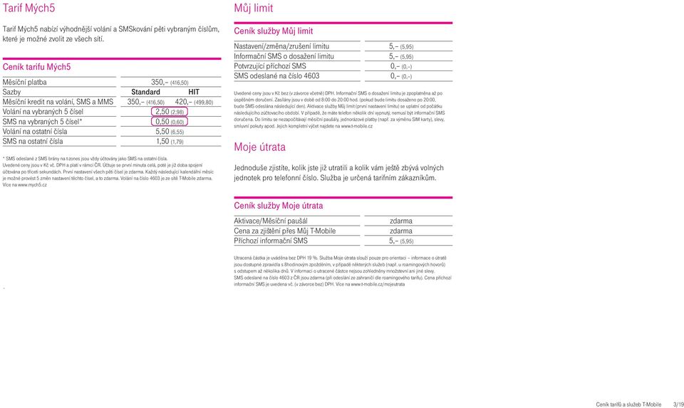 0,50 (0,60) Volání na ostatní čísla 5,50 (6,55) SMS na ostatní čísla 1,50 (1,79) * SMS odeslané z SMS brány na t-zones jsou vždy účtovány jako SMS na ostatní čísla. Uvedené ceny jsou v Kč vč.