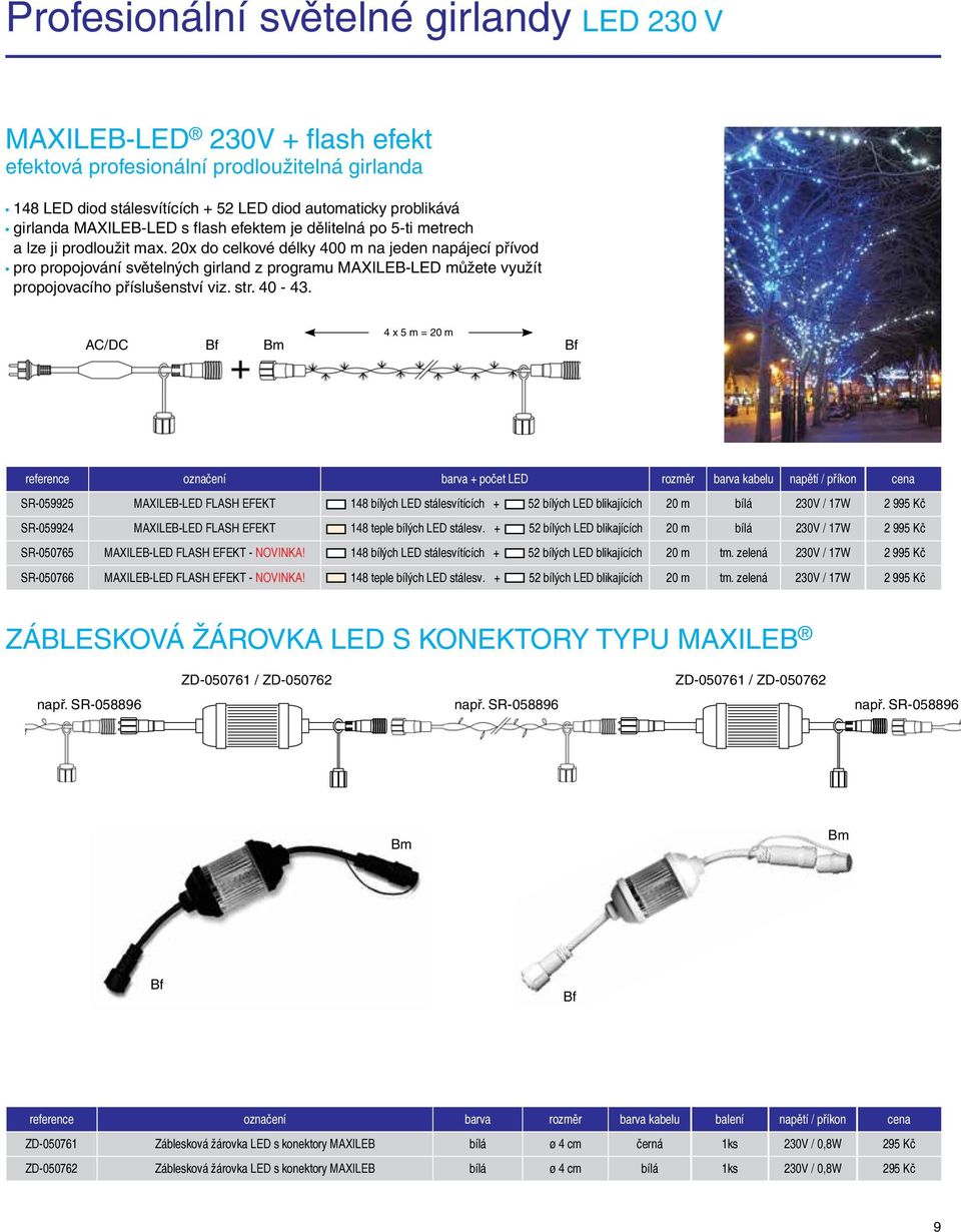 20x do celkové délky 400 m na jeden napájecí přívod pro propojování světelných girland z programu MAXILEB-LED můžete využít propojovacího příslušenství viz. str. 40-43.