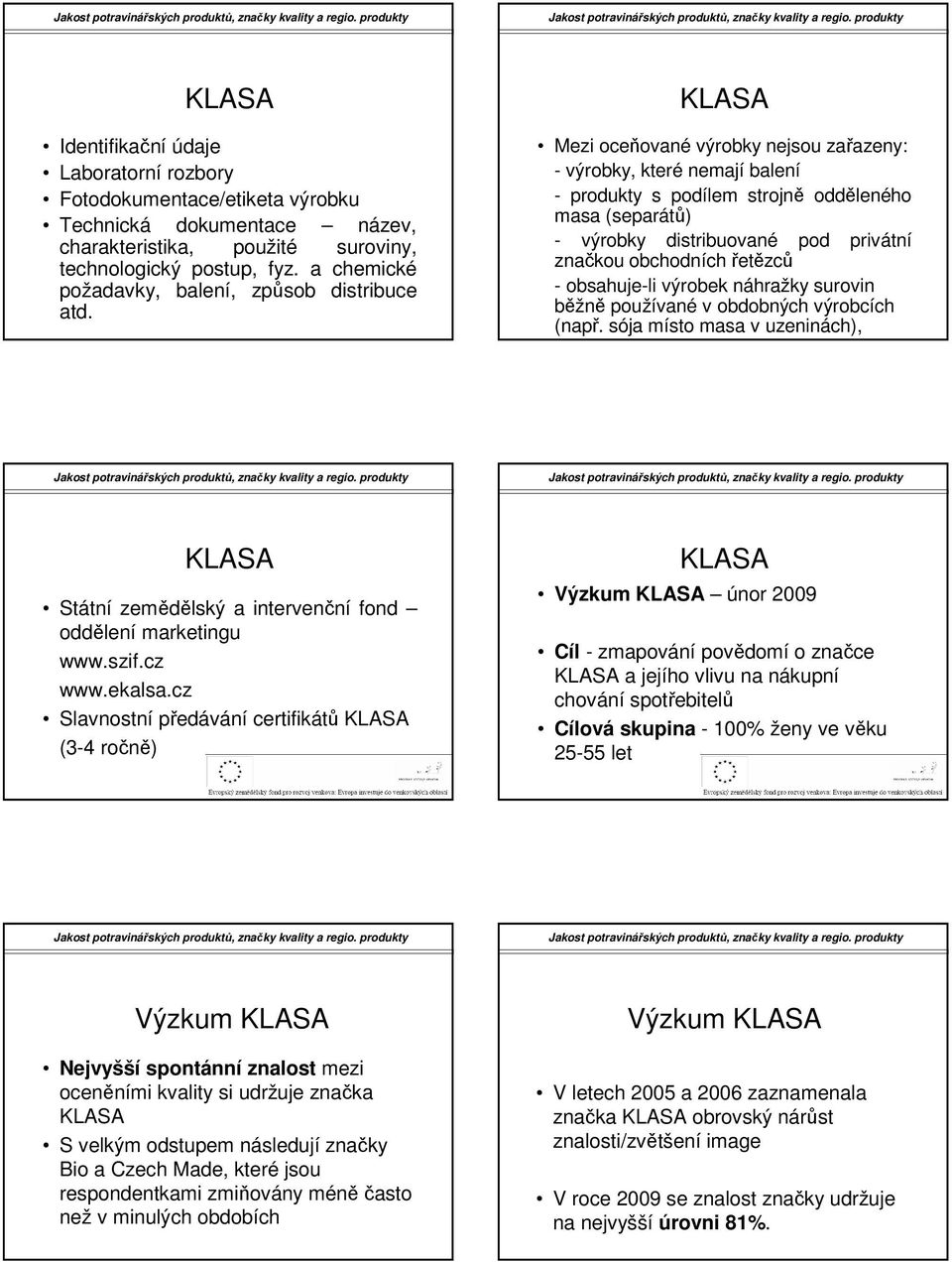 KLASA Mezi oceňované výrobky nejsou zařazeny: - výrobky, které nemají balení - produkty s podílem strojně odděleného masa (separátů) - výrobky distribuované pod privátní značkou obchodních řetězců -