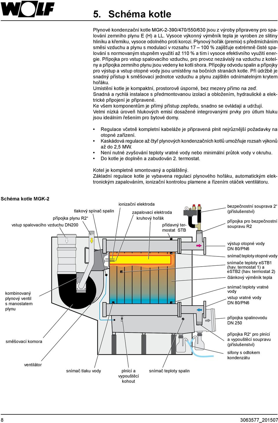Plynový hořák (premix) s předmícháním směsi vzduchu a plynu s modulací v rozsahu 17 100 % zajišťuje extrémně čisté spalování s normovaným stupněm využití až 110 % a tím i vysoce efektivního využití