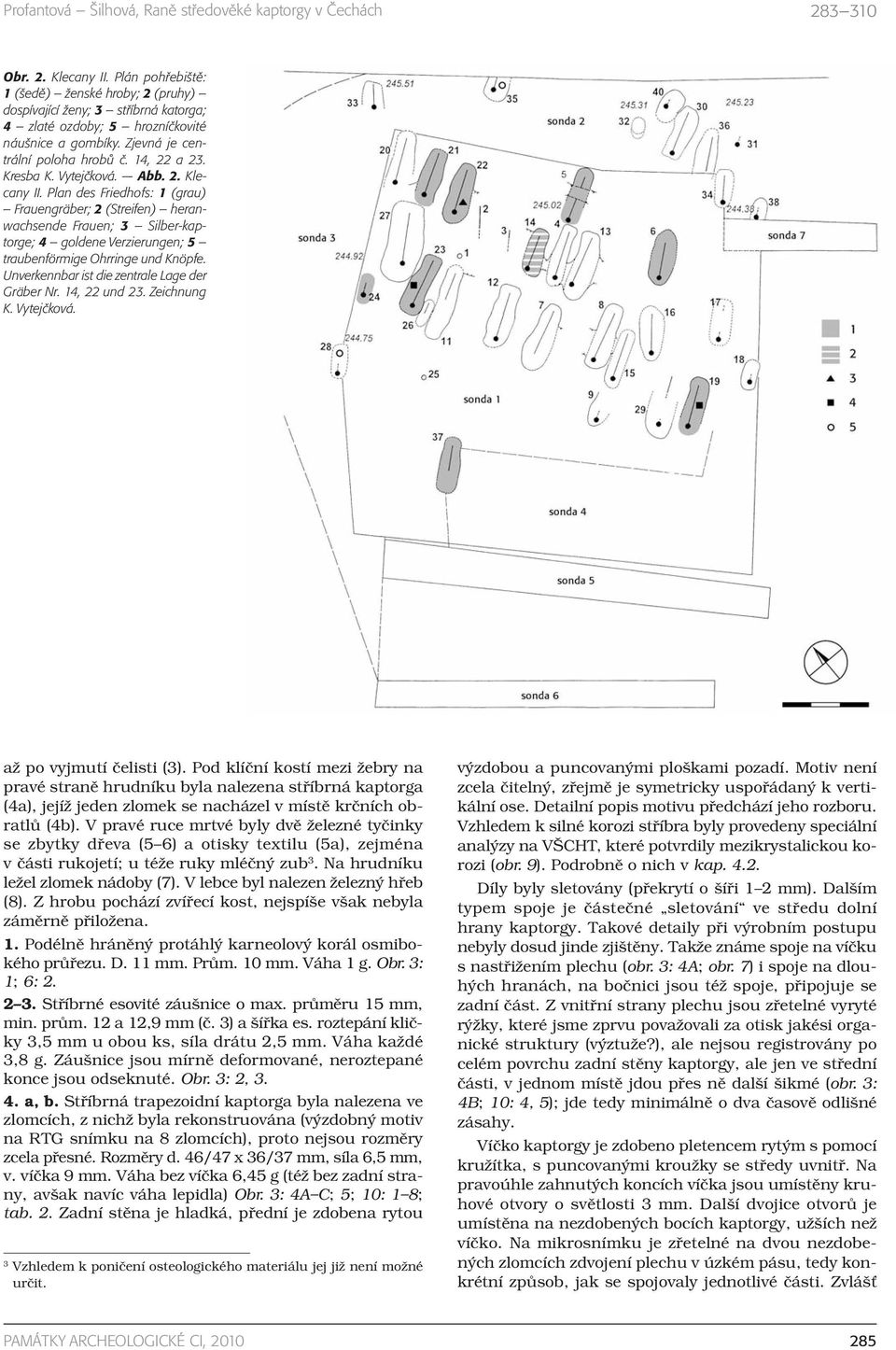 Plan des Friedhofs: 1 (grau) Frauengräber; 2 (Streifen) heranwachsende Frauen; 3 Silber-kaptorge; 4 goldene Verzierungen; 5 traubenförmige Ohrringe und Knöpfe.