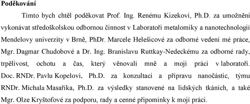 Marcele Helešicové za odborné vedení mé práce, Mgr. Dagmar Chudobové a Dr. Ing.