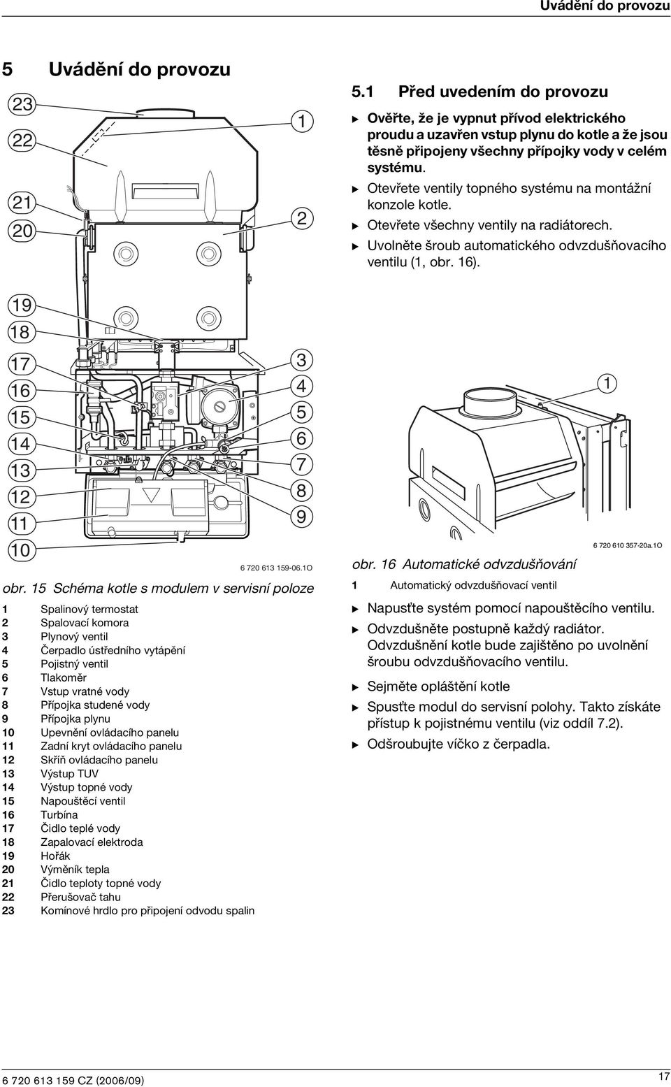 B Otevřete ventily topného systému na montážní konzole kotle. B Otevřete všechny ventily na radiátorech. B Uvolněte šroub automatického odvzdušňovacího ventilu (1, obr. 16).