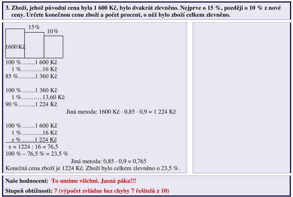 .3,60 Kč 90 %... 4 Kč Jiná metod: 600 Kč 0,85 0,9 = 4 Kč 00 %. 600 Kč %..6 Kč %.