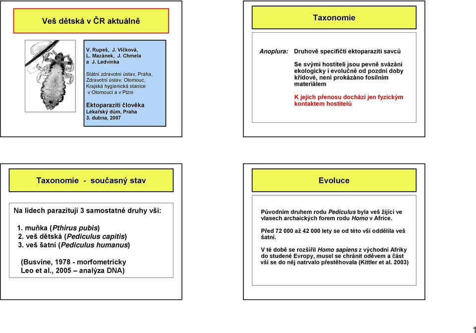 dubna, 2007 Anoplura: Druhově specifičtí ektoparaziti savců Se svými hostiteli jsou pevně svázáni ekologicky i evolučně od pozdní doby křídové, není prokázáno fosilním materiálem K jejich přenosu
