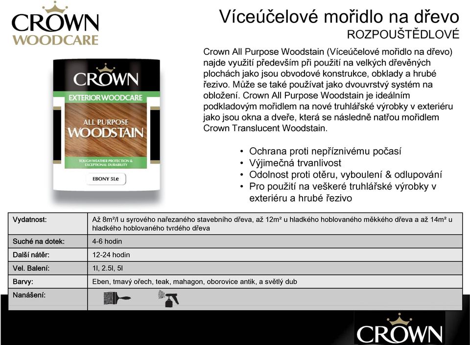 Crown All Purpose Woodstain je ideálním podkladovým mořidlem na nové truhlářské výrobky v exteriéru jako jsou okna a dveře, která se následně natřou mořidlem Crown Translucent Woodstain.