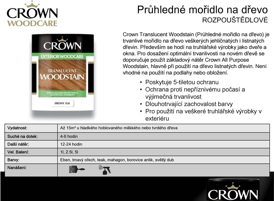 Pro dosažení optimální trvanlivosti na novém dřevě se doporučuje použít základový nátěr Crown All Purpose Woodstain, hlavně při použití na dřevo listnatých tý dřevin.