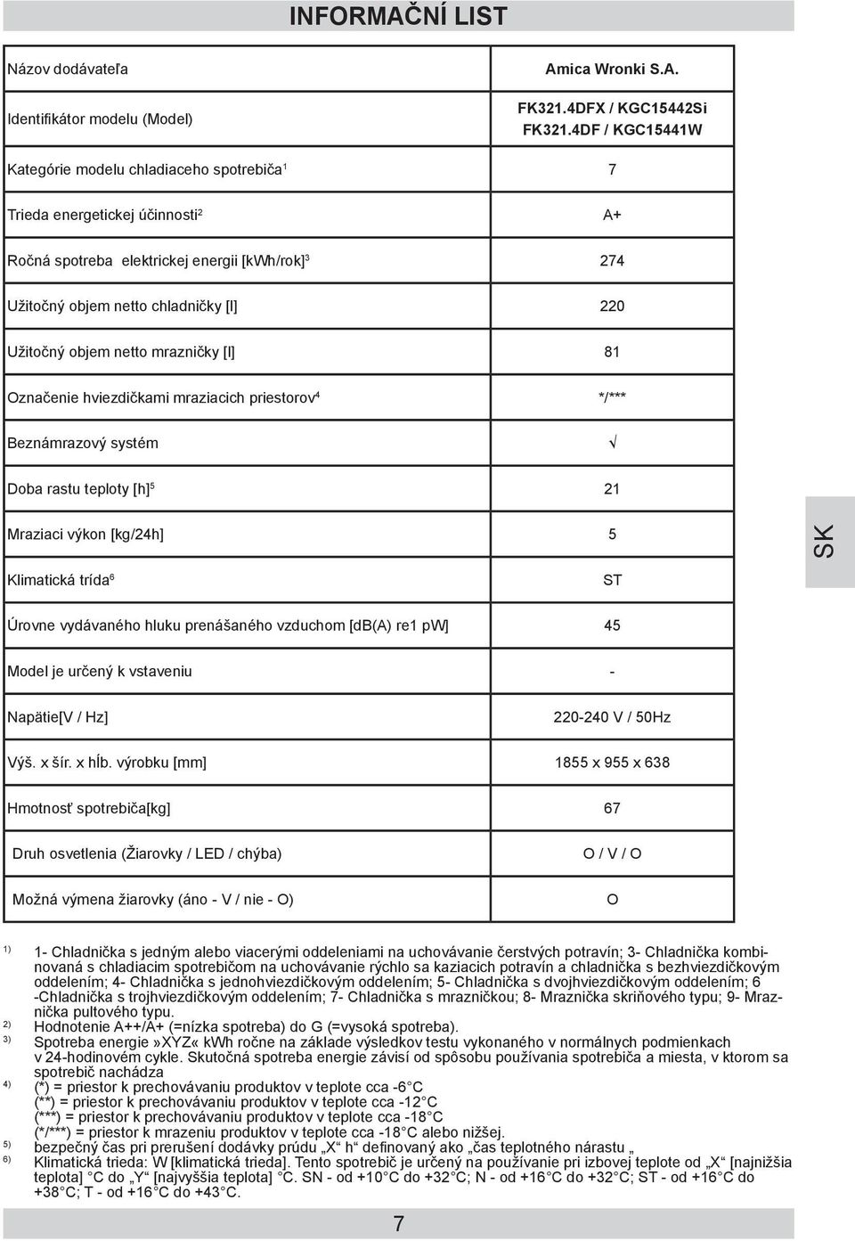 Klimatická trída 6 Úrovne vydávaného hluku prenášaného vzduchom [db(a) re1 pw] 45 Model je určený k vstaveniu - Napätie[V / Hz] Výš. x šír. x hĺb.