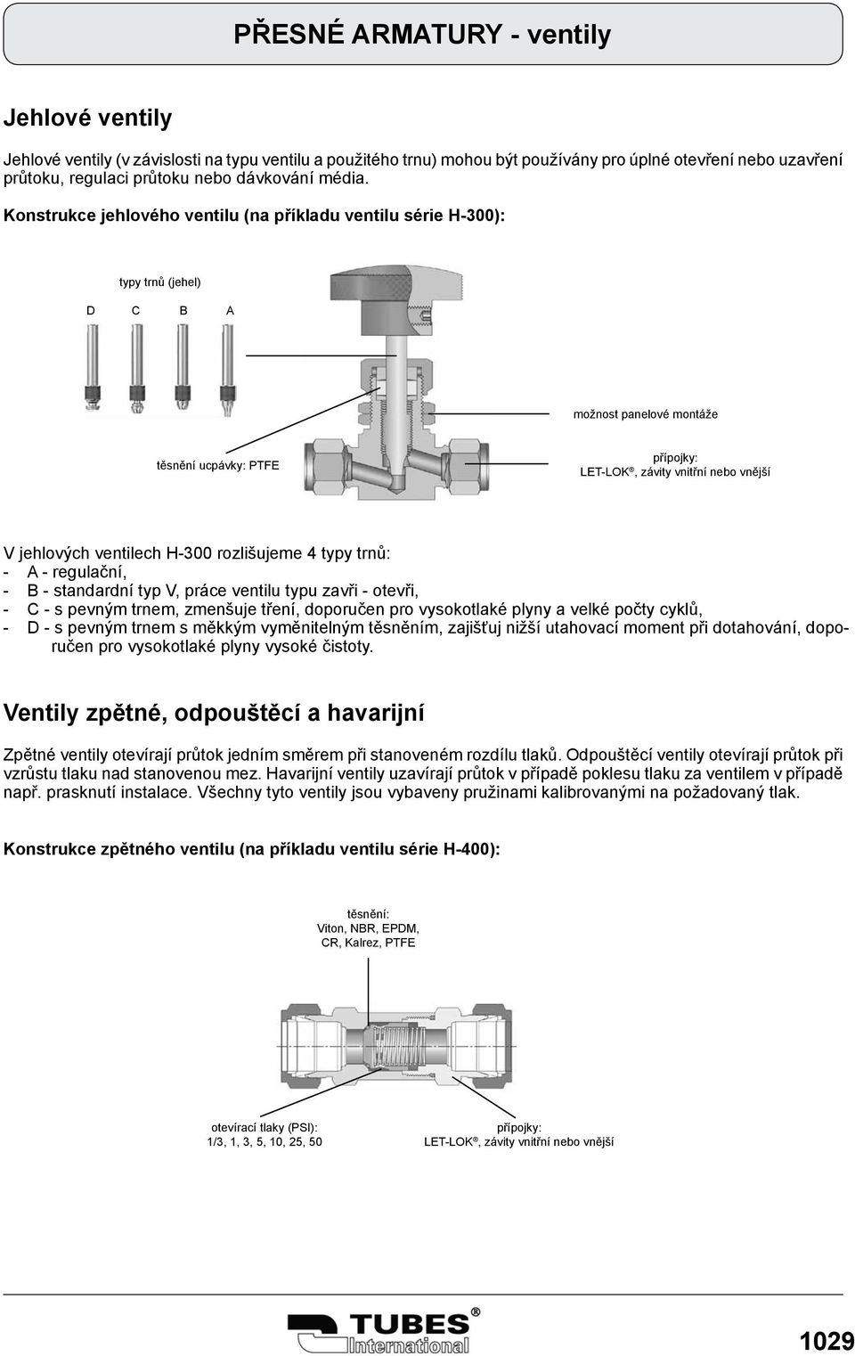 Konstrukce jehlového ventilu (na příkladu ventilu série H-300): typy trnů (jehel) D C B A možnost panelové montáže těsnění ucpávky: PTFE přípojky: LET-LOK, závity vnitřní nebo vnější V jehlových