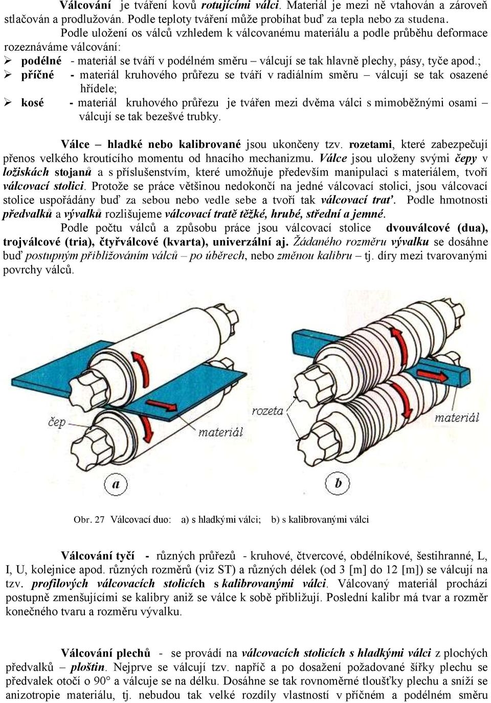 ; příčné - materiál kruhového průřezu se tváří v radiálním směru válcují se tak osazené hřídele; kosé - materiál kruhového průřezu je tvářen mezi dvěma válci s mimoběžnými osami válcují se tak