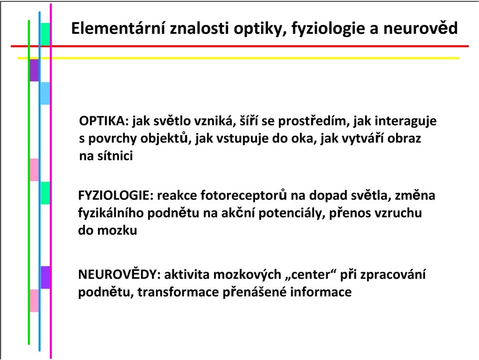 reakce fotoreceptorůna dopad světla, změna fyzikálního podnětu na akčnípotenciály, přenos vzruchu