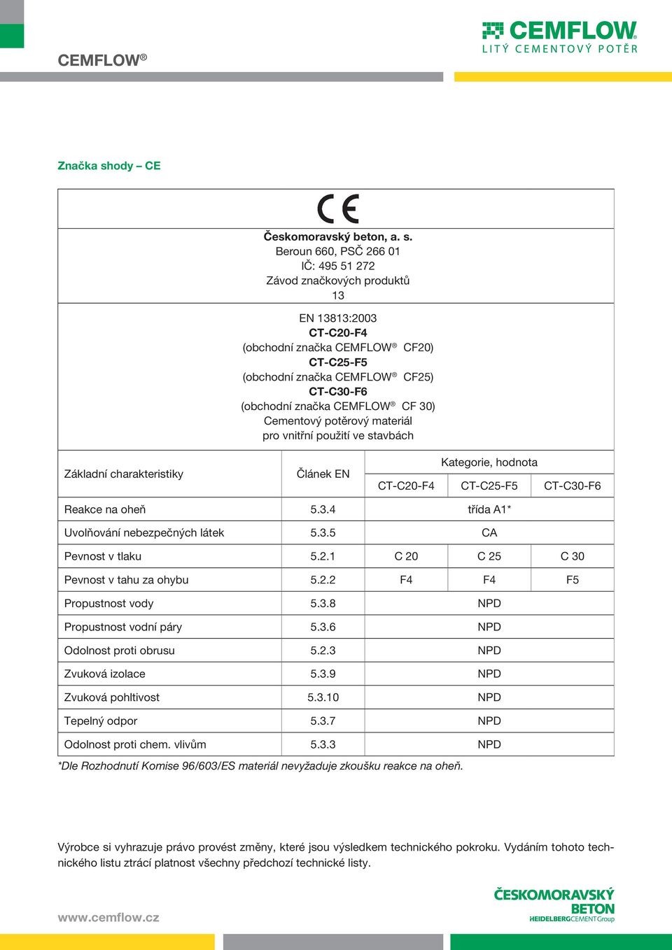 Beroun 660, PSČ 266 01 IČ: 495 51 272 Závod značkových produktů 13 EN 13813:2003 CT-C20-F4 (obchodní značka CEMFLOW CF20) CT-C25-F5 (obchodní značka CEMFLOW CF25) CT-C30-F6 (obchodní značka CEMFLOW